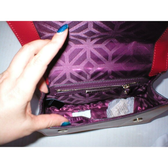 New NWT Trina Turk Designer Handbag Red Purple Tan Leather Flap Silver Womens - Picture 8 of 10